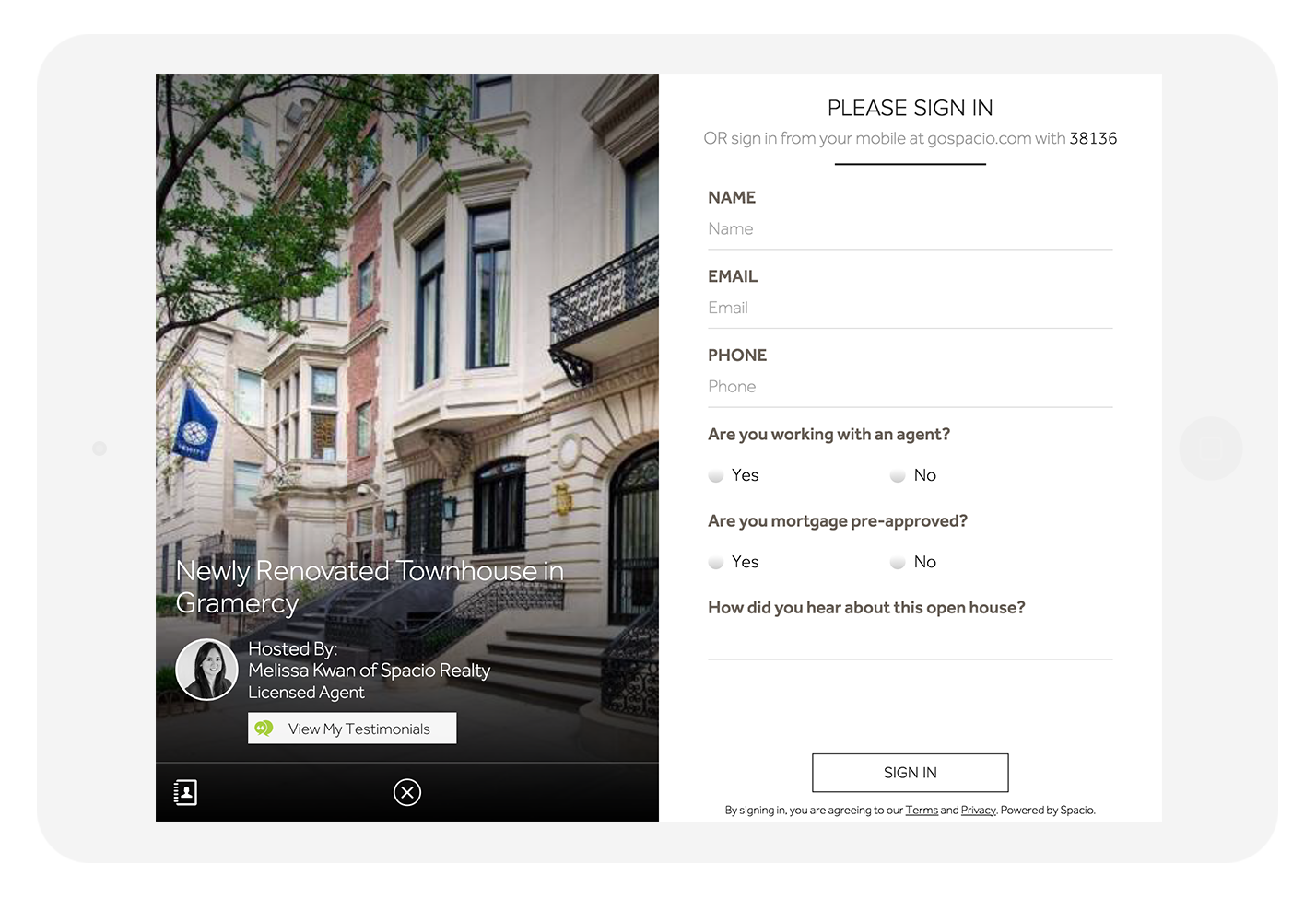 Spacio, a Moxi Cloud integrated tool for paperless open houses.