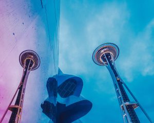 image of space needle outside mopop museum in seattle